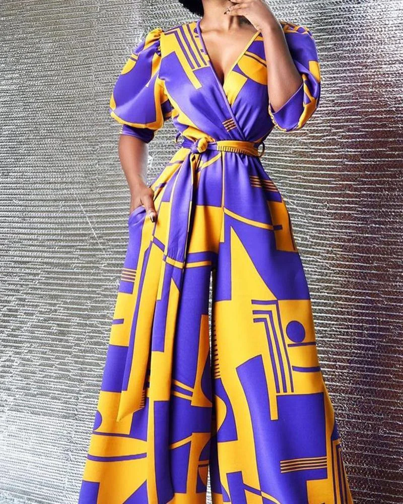 Bandage High Waist V-neck Printed Wide Leg Pants