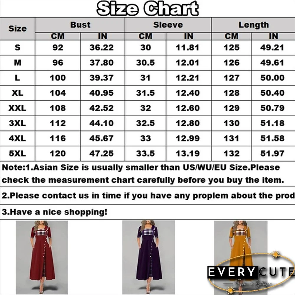 Women's Fashion Half Sleeve Elegant Long Dress Plaid Print Button Detail Maxi Dress Plus Size Xs-5Xl
