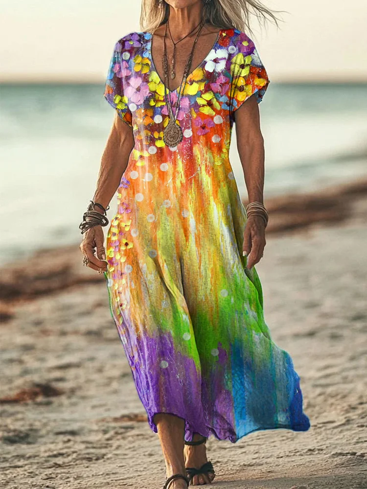 Women's Colorful Oil Painting Floral Print Linen Blend Dress