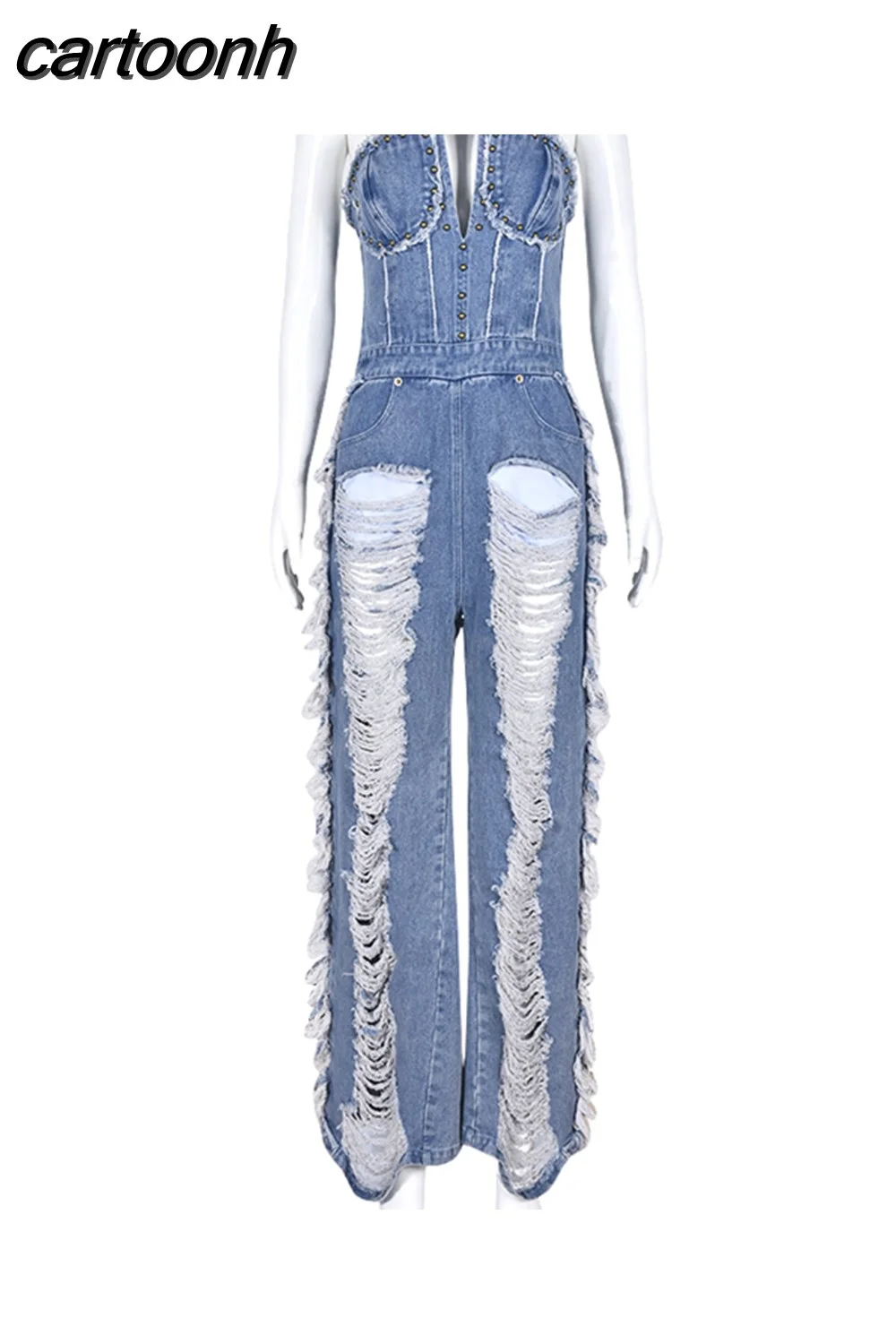cartoonh Summer Sexy Fashion Jumpsuit Club Outfit For Women 2023 Strapless Hollow Holes Sto Denim Jumpsuite Women Mujer