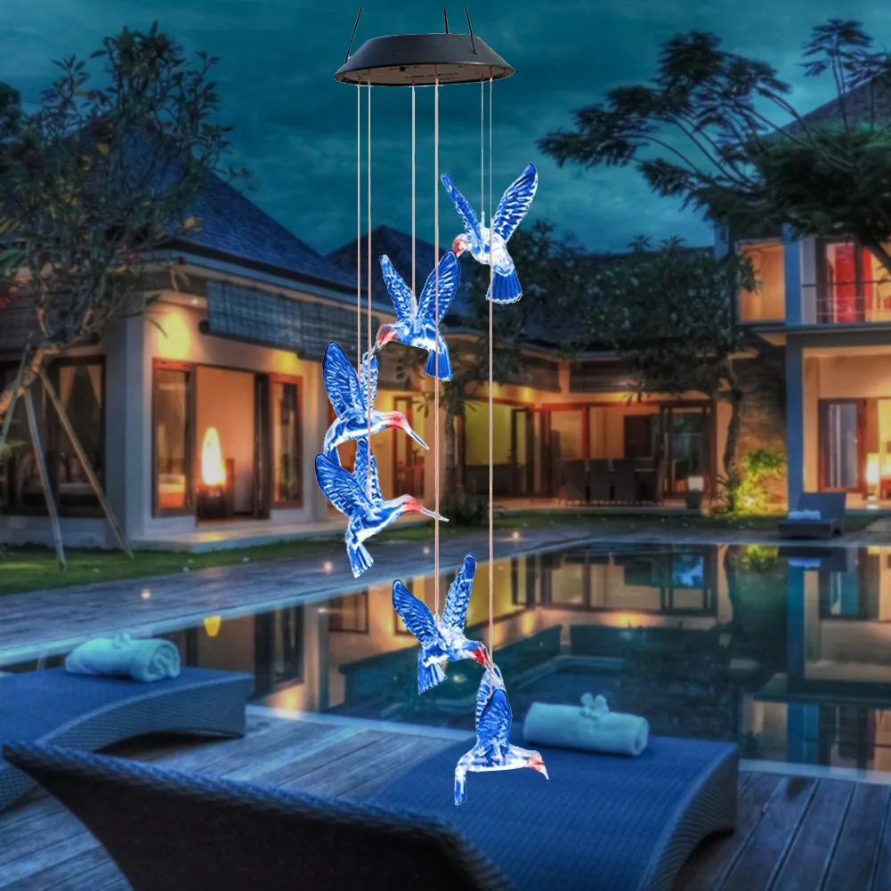 Solar LED Color Changing Wind Chime Lamps Hummingbird Pendant Lights (A)