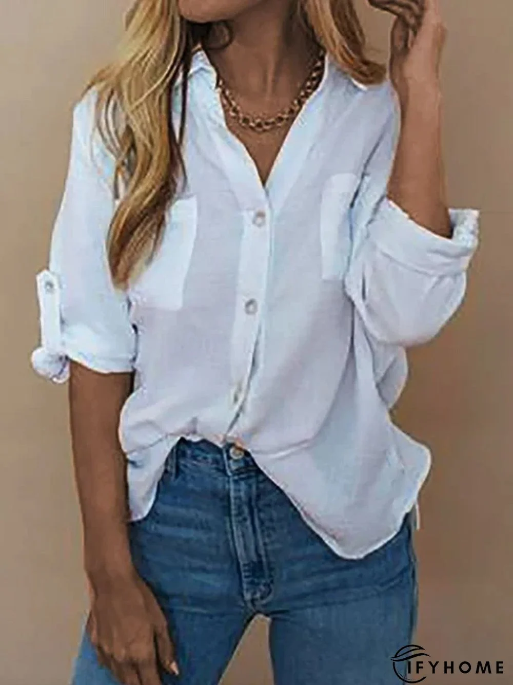 Long Sleeve Printed Shirt Collar Shift Blouse | IFYHOME