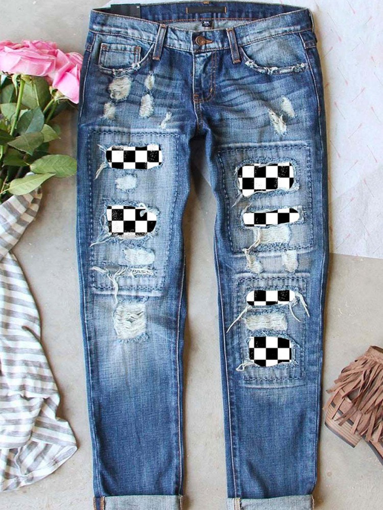 CHECKERED FLAG RACING PLAID MID WAIST RIPPED JEANS wearshes