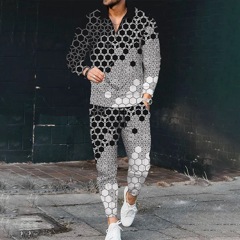 Men's Colorblock Long Sleeve Polo Shirt And Pants Two Piece Set