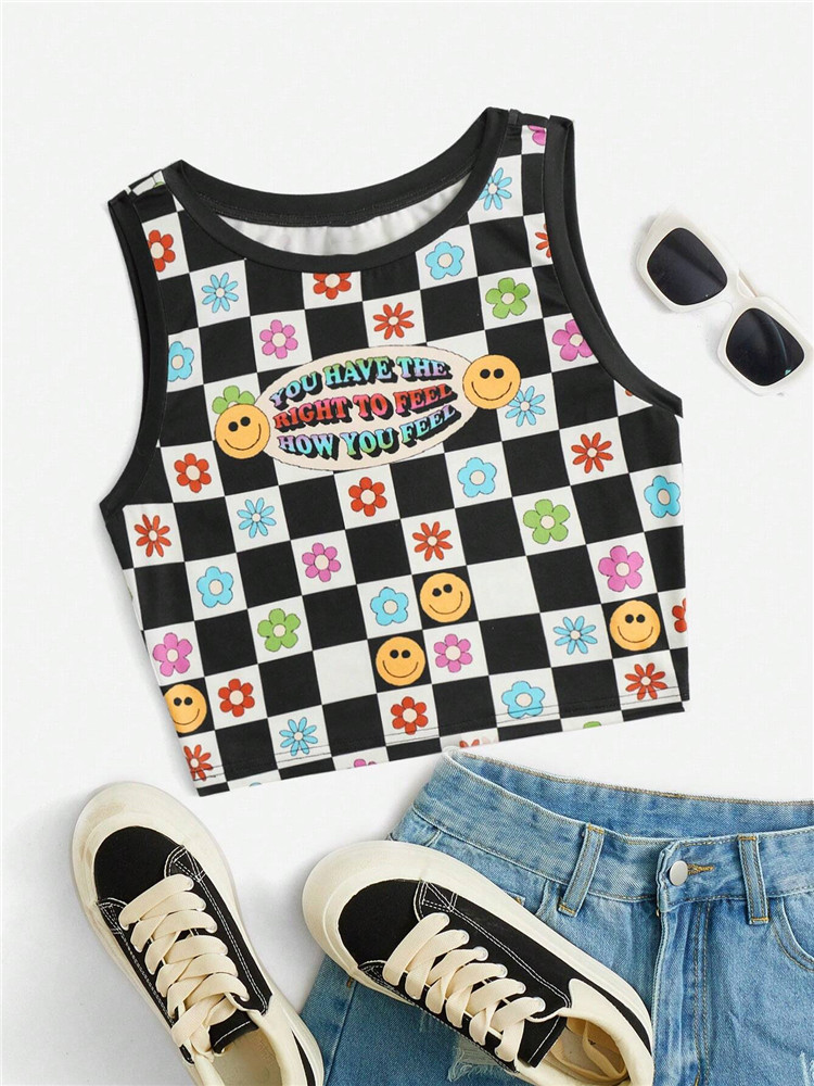Y2K Clothes Cartoon Letter Print Graphic Tank Top Women Summer Grunge Punk High Street Plaid Sleeveless Crop Top Streetwear