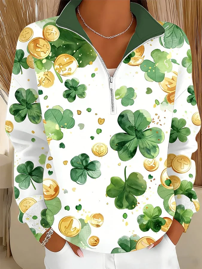 Women's St. Patrick's Day Printed Zip-Up Stand-Collar Sweatshirt 