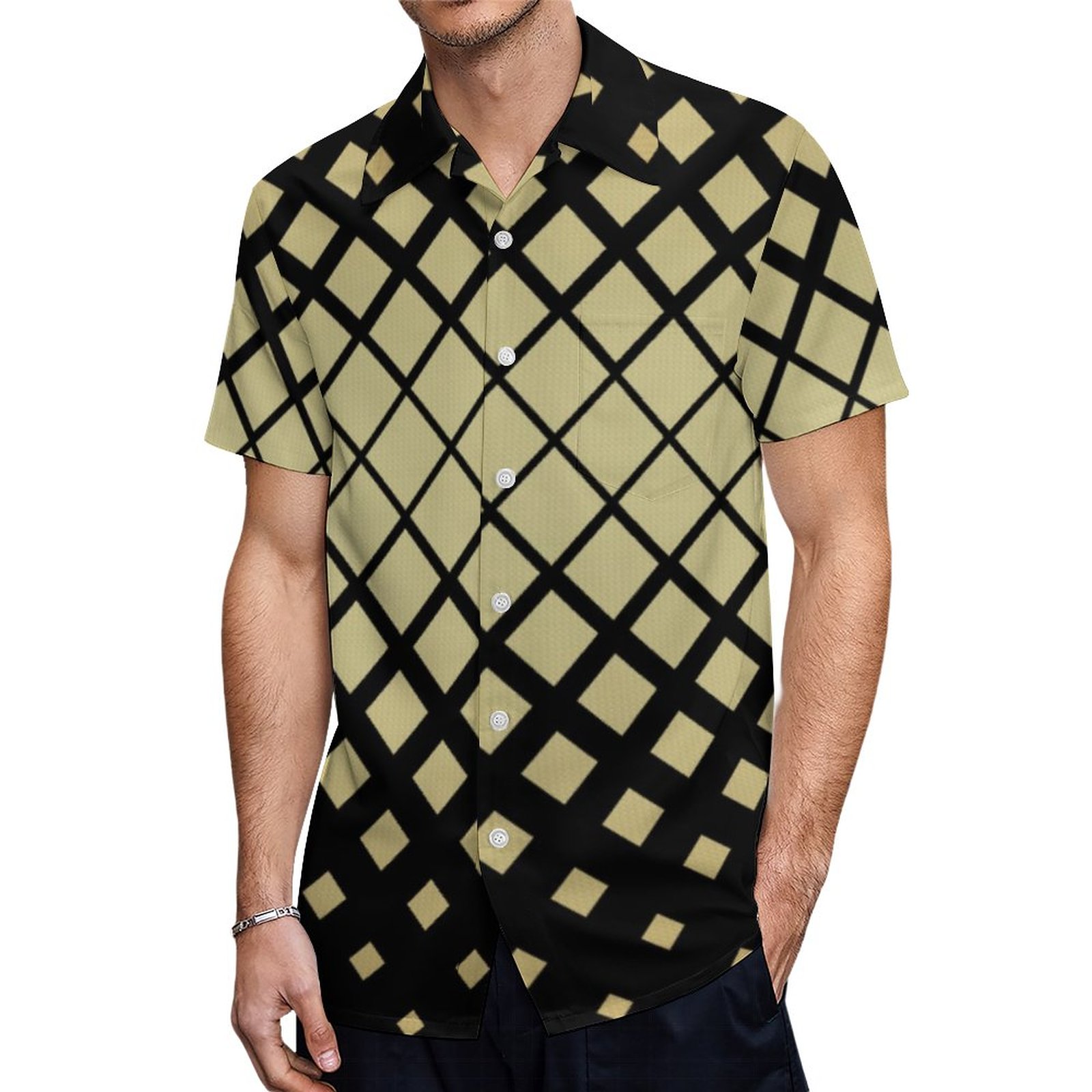Elegant Gold Geometric Diamonds Tiles Pattern Hawaiian Shirt Mens Button Down Tropical Hawaii Beach Shirts