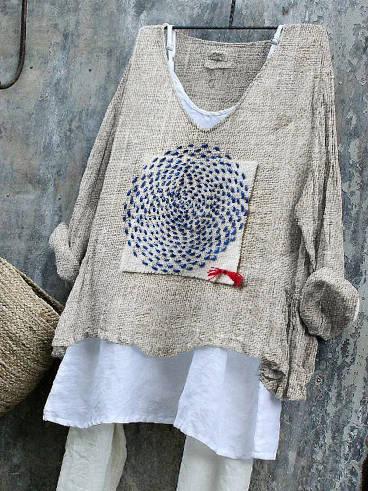 Utbros Geometric Japanese Sashiko Fiber Art Linen Blend Tunic