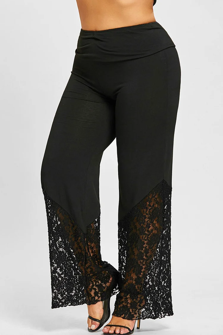 Plus Size Casual Black Lace Stitching Wide Leg Pants  Flycurvy [product_label]