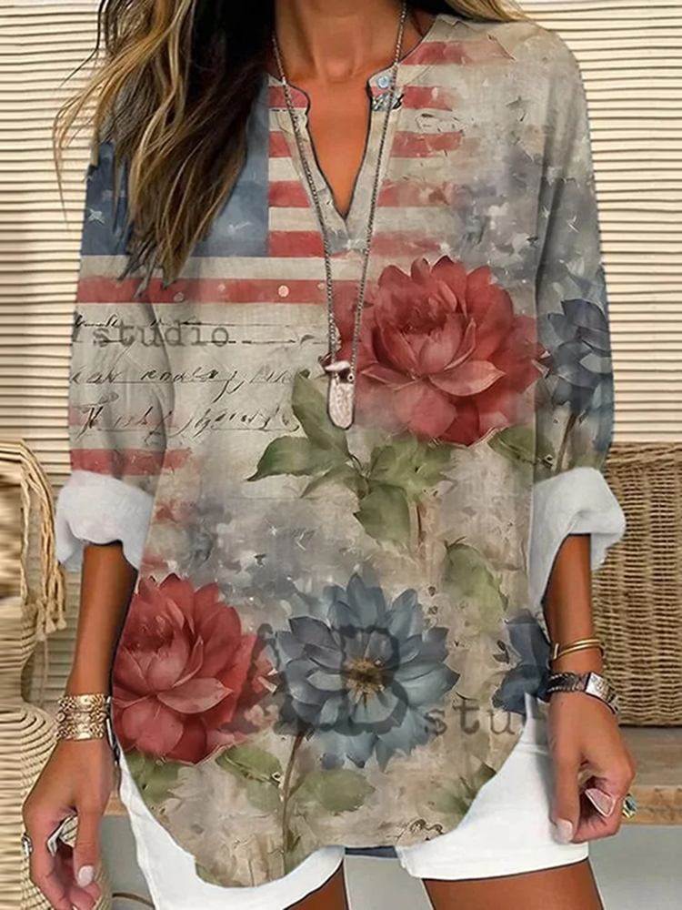 Comstylish Women's Independence Day Retro Art Floral Casual Print Casual  Shirt