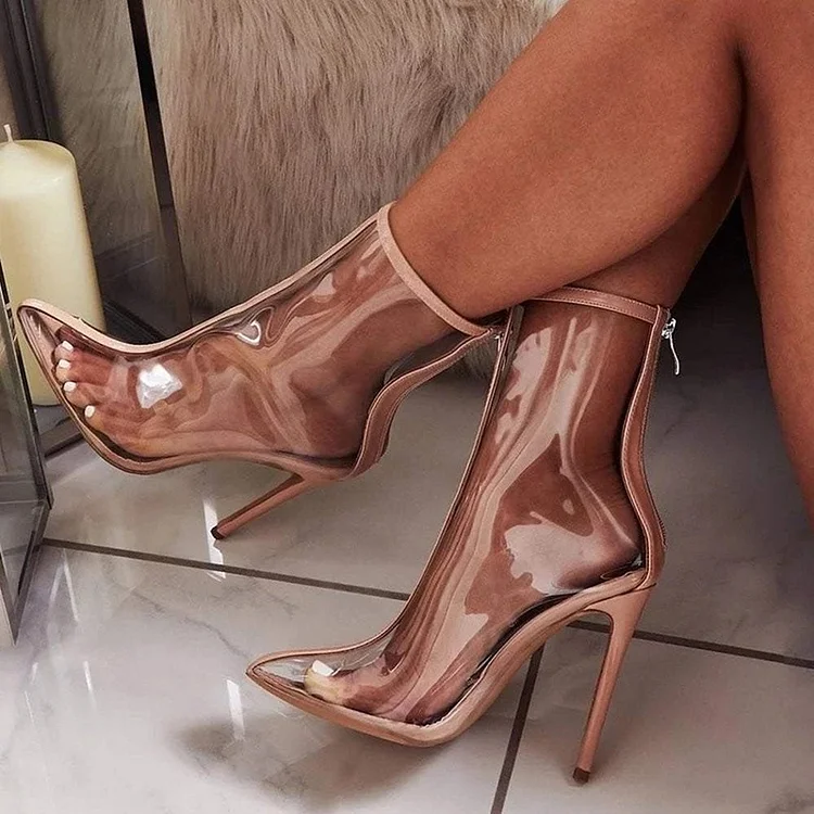 Nude Pointed Toe Ankle Boots Stiletto Heel Clear PVC Jelly Shoes |FSJ Shoes