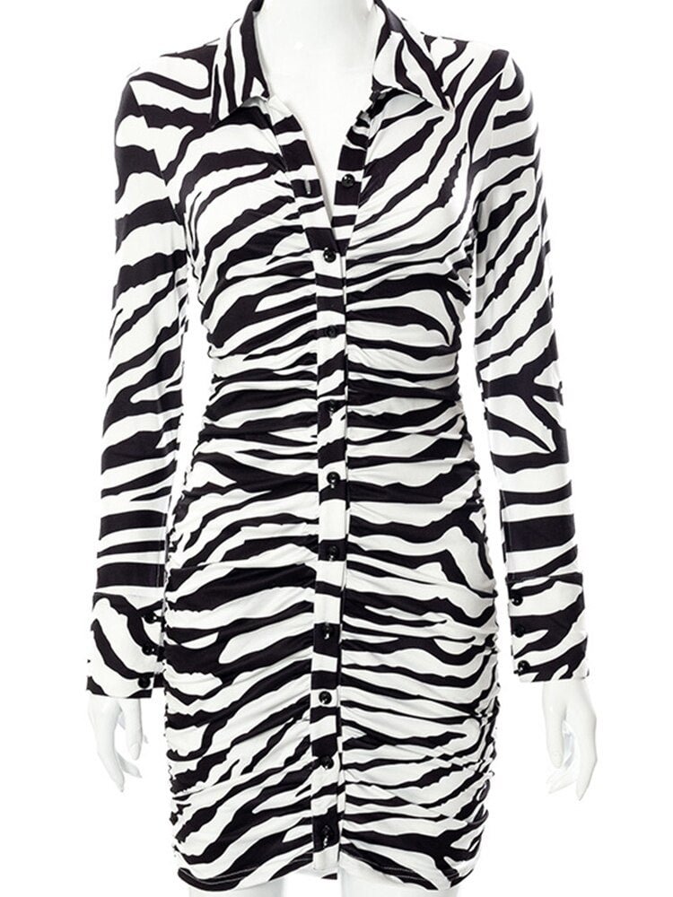 WannaThis Zebra Print Mini Dress Turn Down Collar Sexy Button Long Women Partywear Elegant Vintage Dress For Woman Autumn 2021