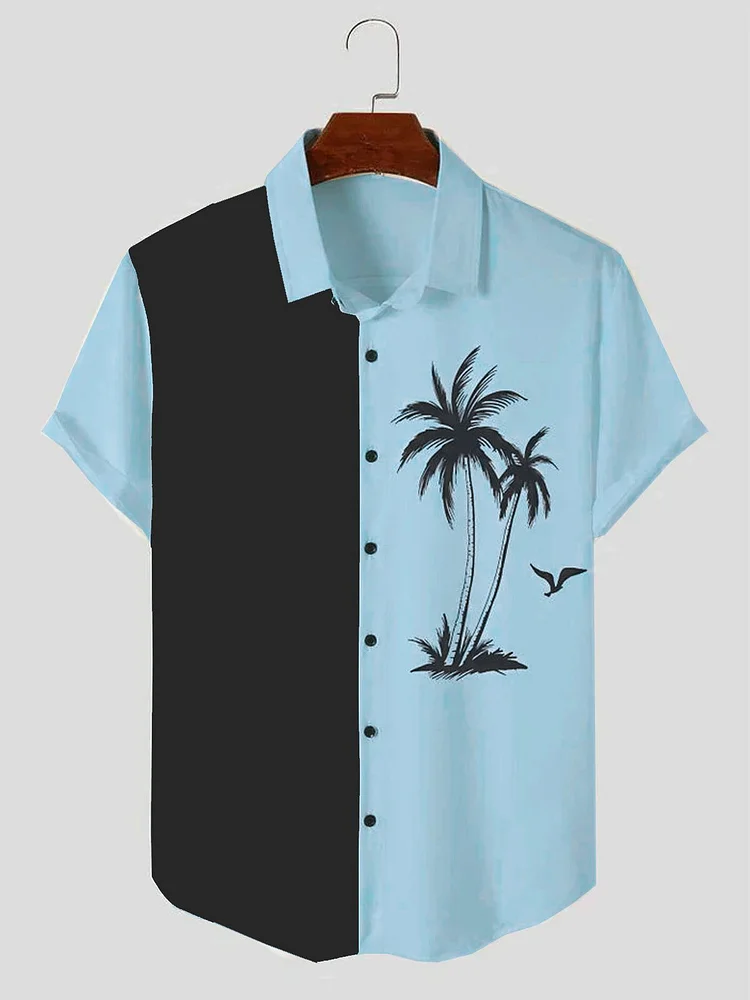 Men's Casual Holiday Coconut Tree Print Contrast Panel Short Sleeve Hawaiian Shirt