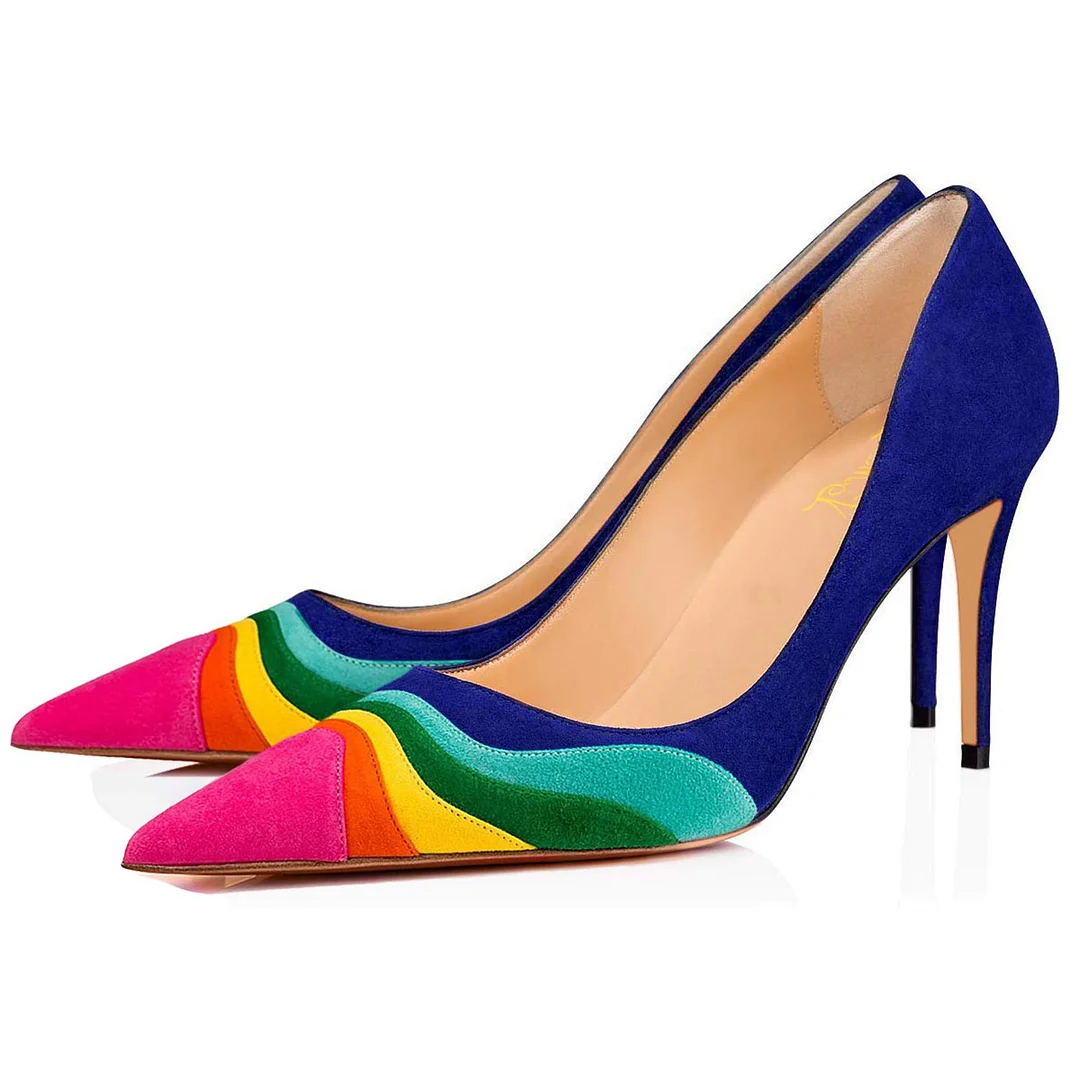 Rainbow Suede Pointed Toe Stiletto Heel Pumps for Women Nicepairs