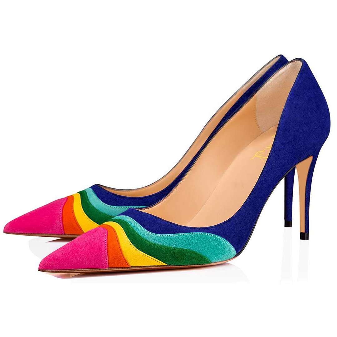 Rainbow Pointed Toe Suede Pumps Women's Classic Stiletto Heels Nicepairs