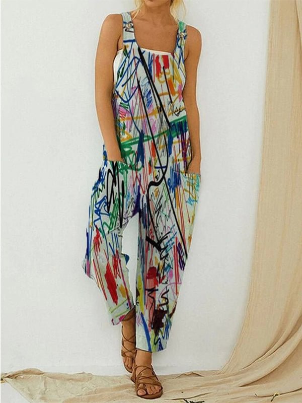 Women's Doodle Print Pocketed Suspender Jumpsuit