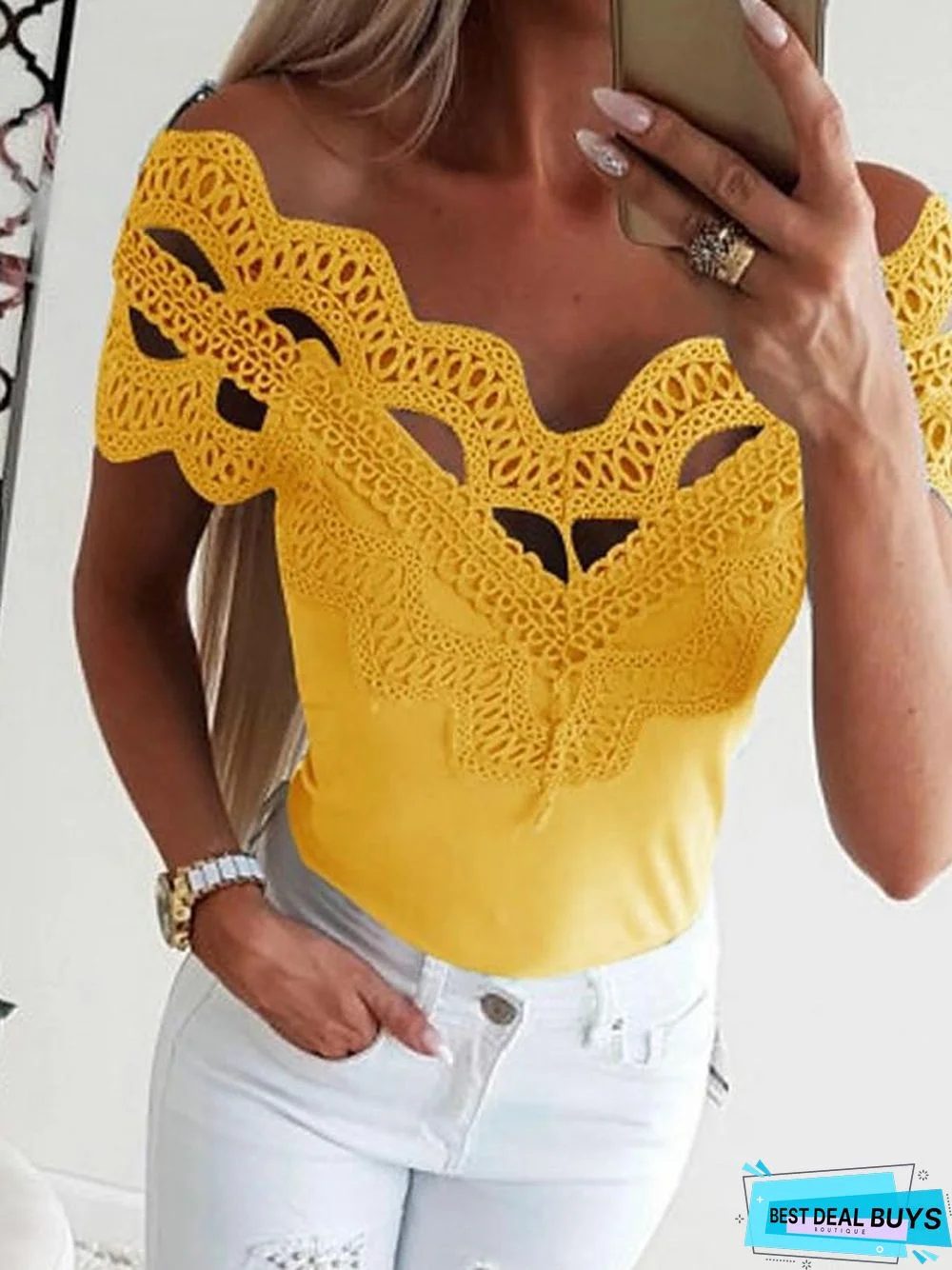 Women's T-Shirt Solid Colored Lace Fashion Off Shoulder Off Shoulder Tops Basic Top White Black Blue-0207801