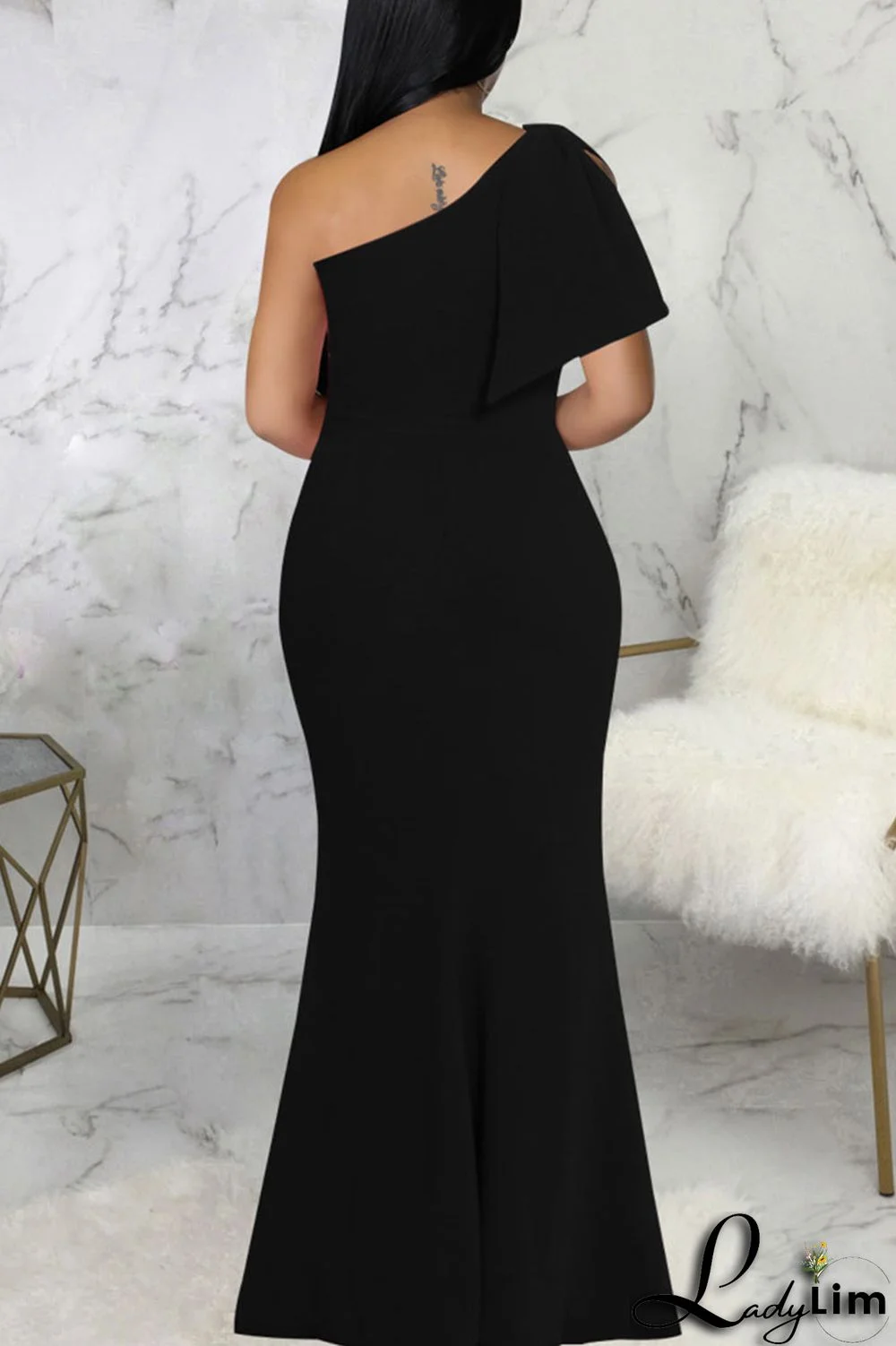 Blue Solid Patchwork Slit Oblique Collar Long Dress Dresses