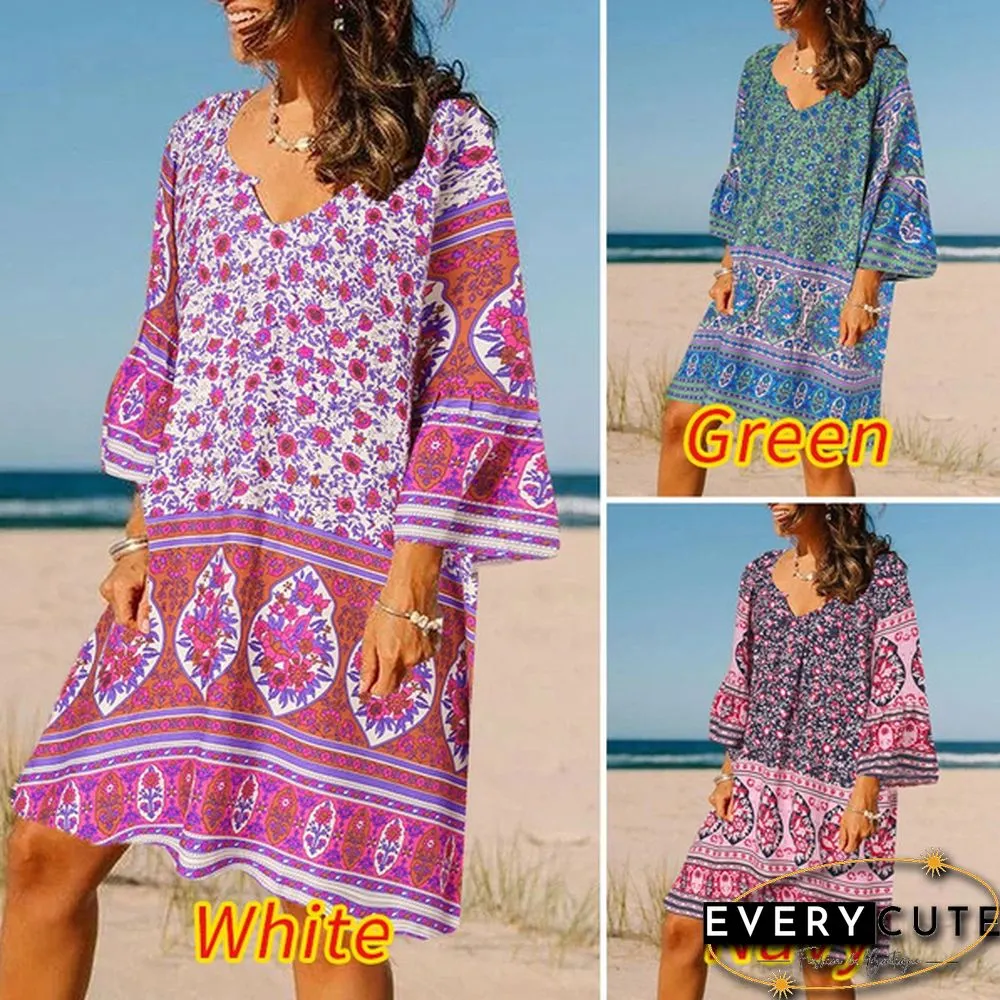 Fashion Women Retro Oversized V-Neck Casual Sundress Floral Printed Baggy Holiday Mini Shirt Dress