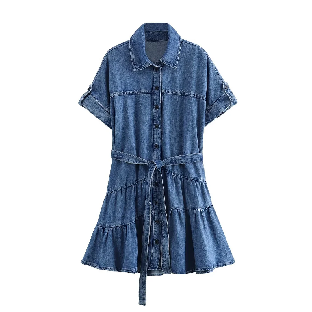 Women's 2024 Simple Lapel Short Sleeve Ruffle Belt Tie Denim Mini Dress