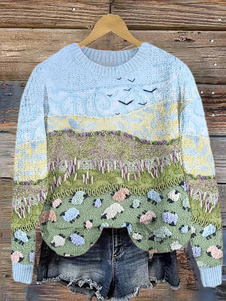 VChics Sheep & Landscape Art Painting Casual Cozy Knit Sweater