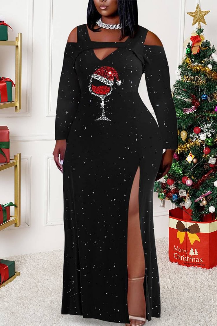Xpluswear Plus Size Christmas Graphic Print Glitter High Split Black Long Sleeve Maxi Dress [Pre-Order]