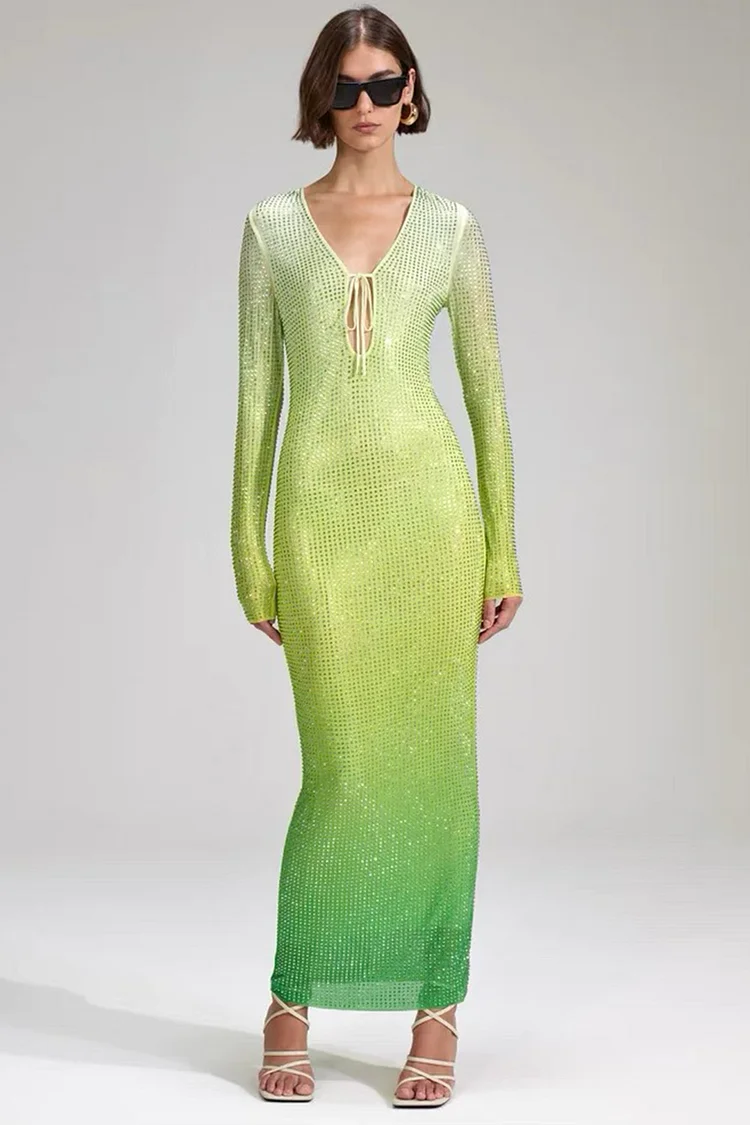 Ombre Rhinestones Long Sleeve V Neck Maxi Dress-Green