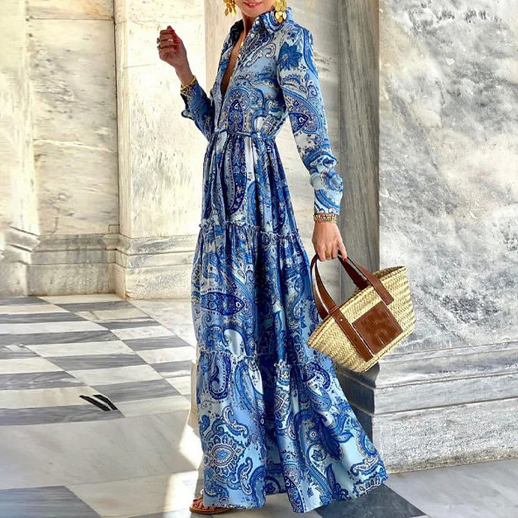 Loose Bohemian Long Sexy Lapel Shirt Floral Print Pleated Party Maxi Dress