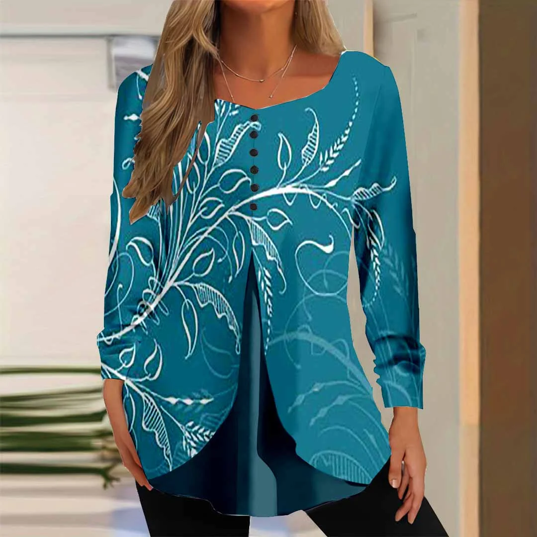 Women Floral,Blue DZGG8362 Long Sleeve Scoop Neck Printed Graphic Button Fake 2in1 Tops
