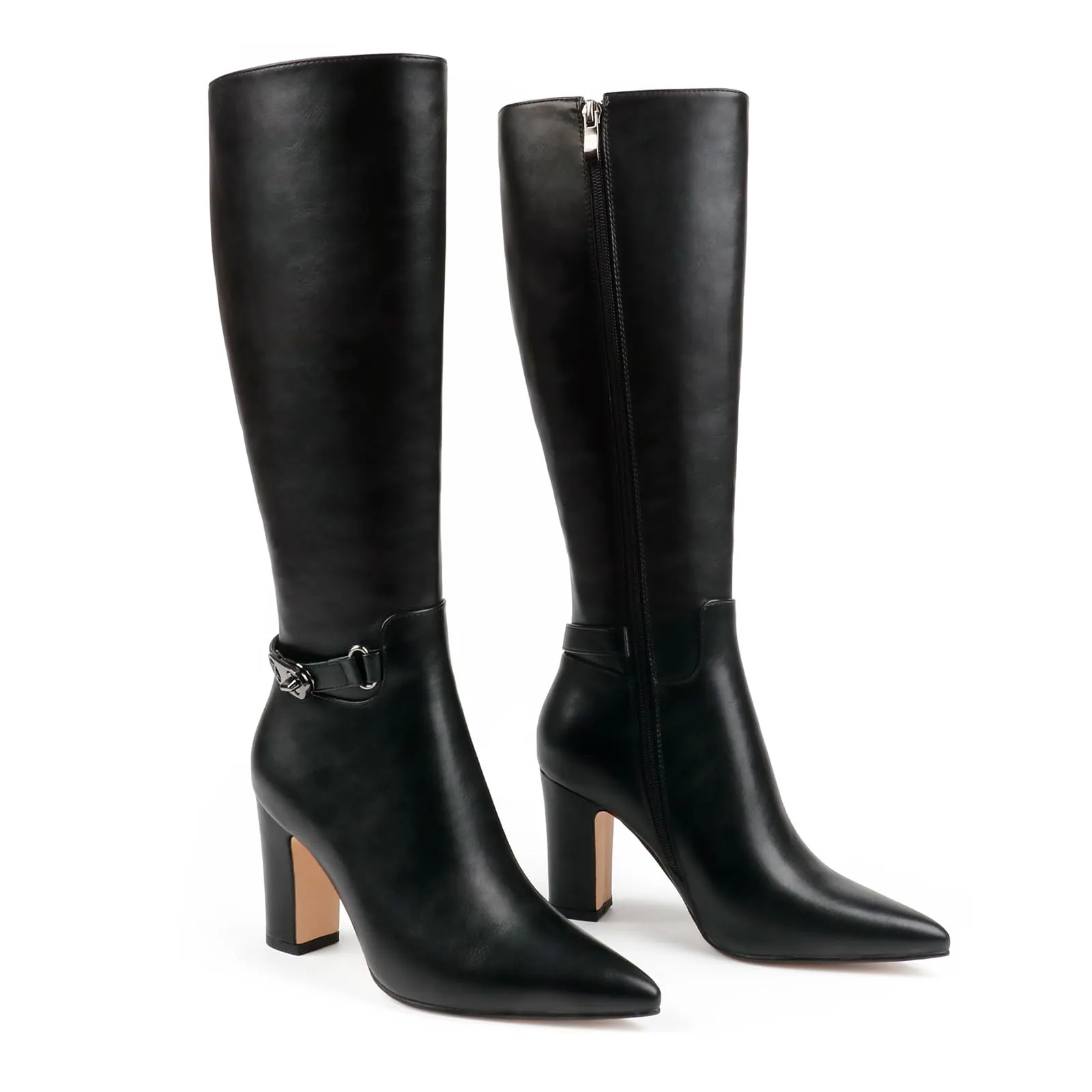 85mm/3.35 inch Women's matte high heel pointed toe buckle style casual zipper knee high boots-vocosishoes