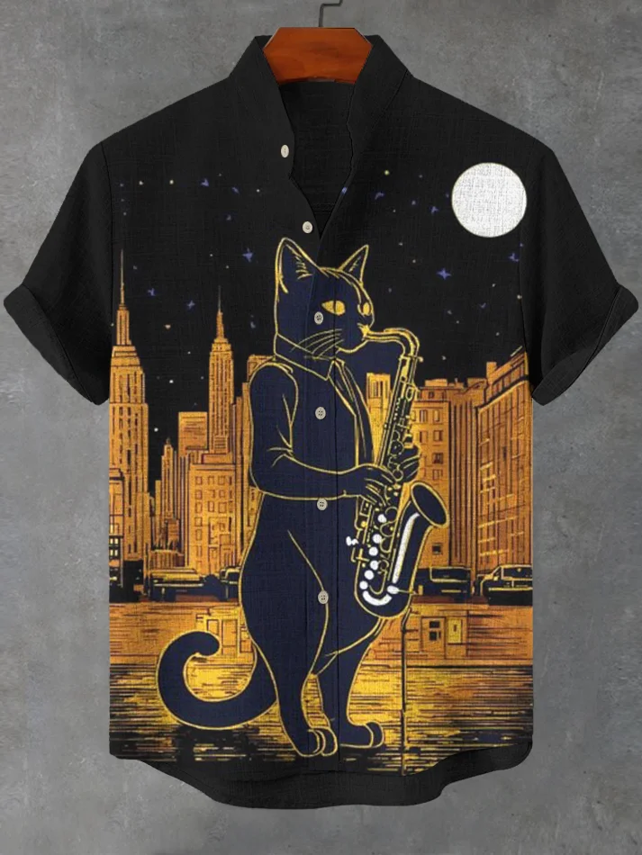 Men's Dark Night Cat Playing Saxophone Print Linen Blend Shirt