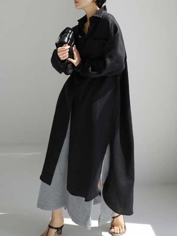 Loose Sleeveless Buttoned Solid Color Lapel Midi Dresses Shirt Dress main image 0