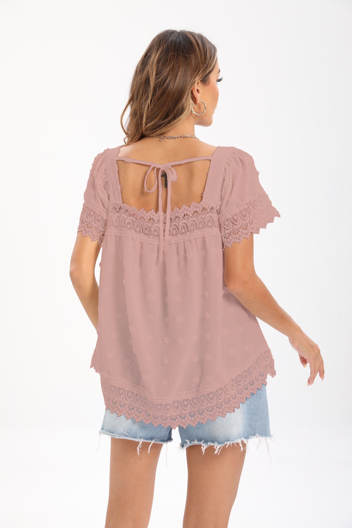 Women Short Sleeve Scoop Neck Lace Hollow Stitching Tops