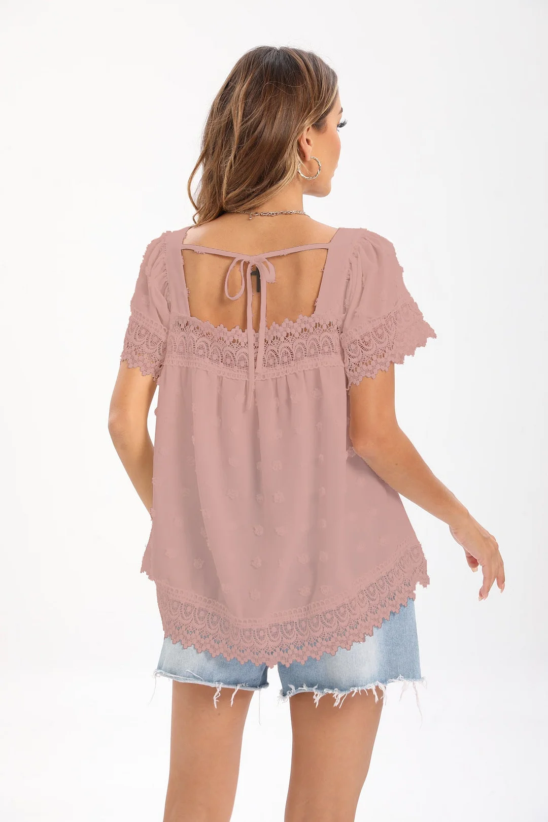 Women Short Sleeve Scoop Neck Lace Hollow Stitching Tops