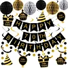 Birthday Decorations, Happy Birthday Banner with Honeycomb Ball, Gift Hanging Swirl Streamer, Circle Dot Garland - Happy Birthday Party Decorations for Men Women Boys Girls (Black & Gold, 70th)
