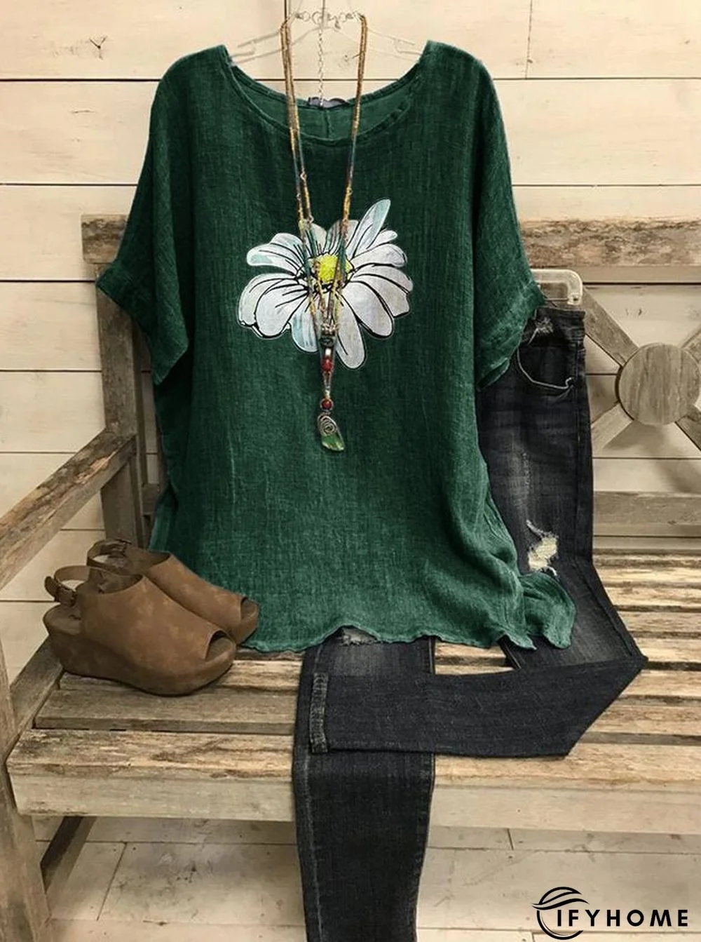 Summer Scoop Neck Casual Loose Daisy Printed T-Shirt | IFYHOME