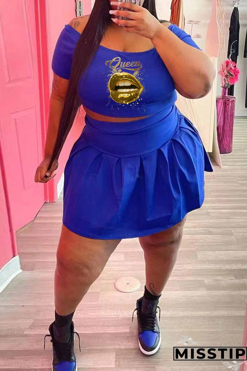 Black Fashion Casual Lips Printed Basic O Neck Short Sleeve Two Pieces