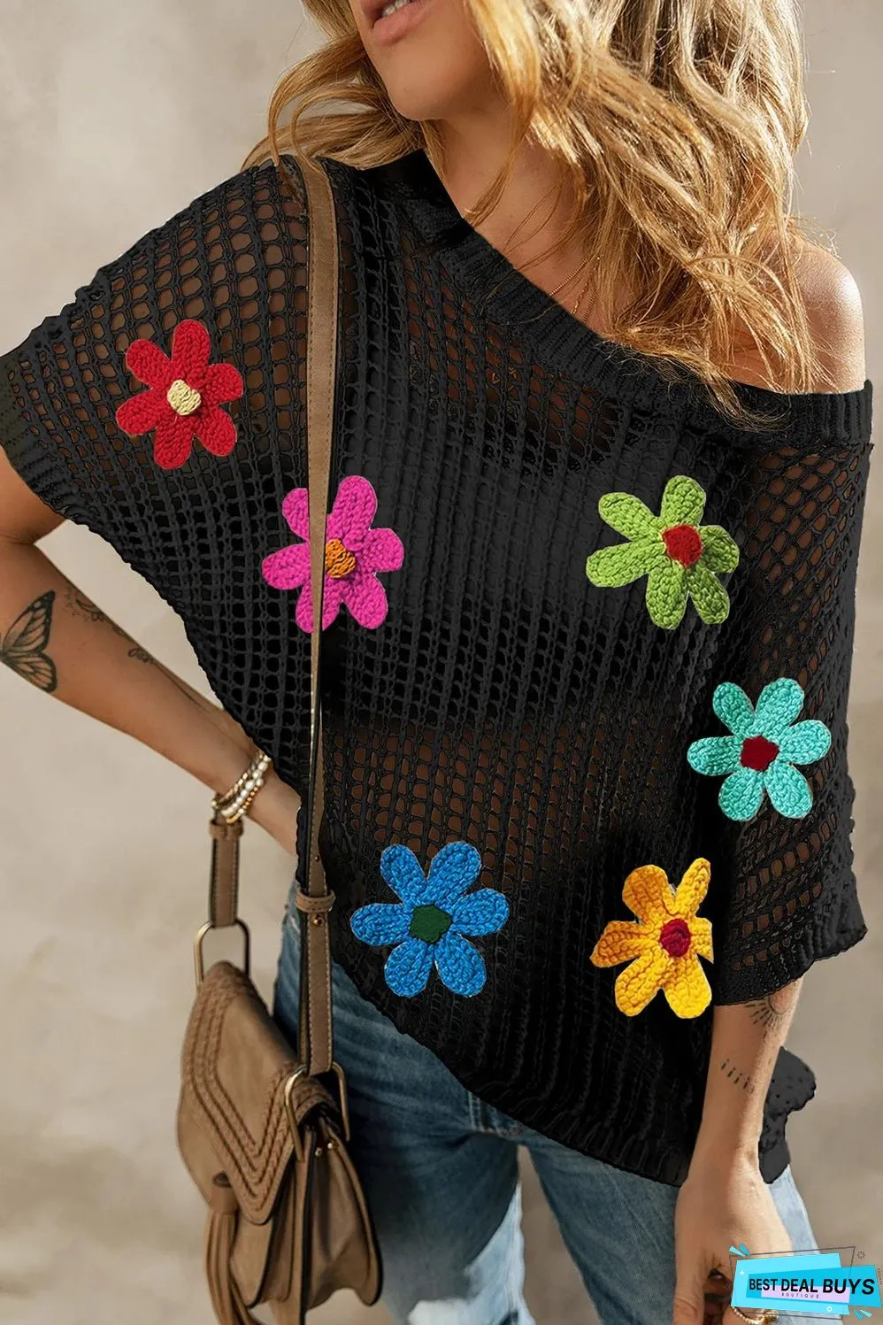 Hollowed Crochet Colorful Flower Loose Knit T Shirt