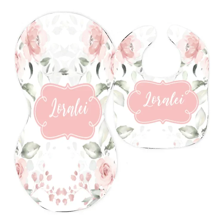 Personalized Flower Bib and Burp Cloth Set|Set22