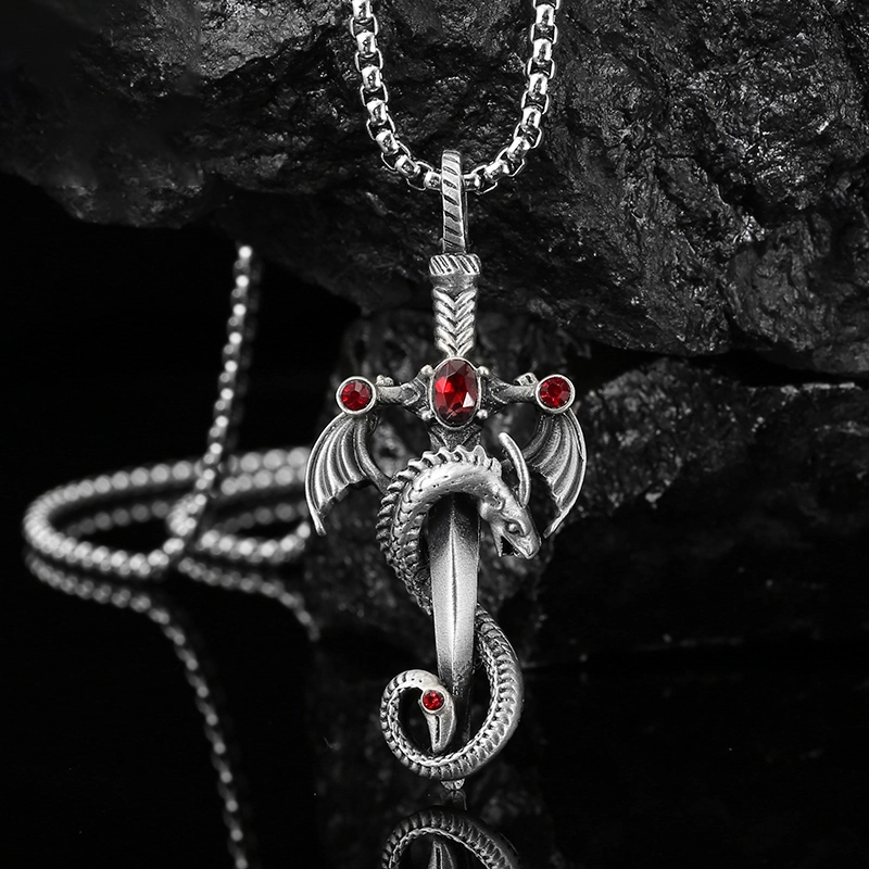 Pure Pewter Vintage Dragon Sword with Ruby Pendant Necklace 