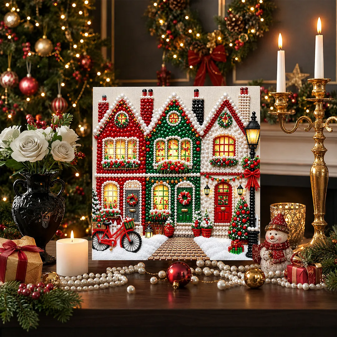 Framed Pearl Dot Painting Kit Holiday Houses 7.87x7.87in