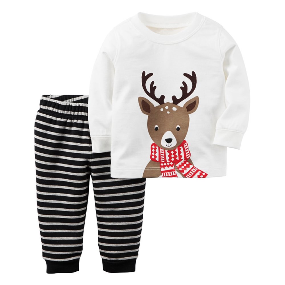 Christmas Pajamas for Kids 2 Pieces Elk Deer Print Wear Top Striped Pants Set-Pajamasbuy
