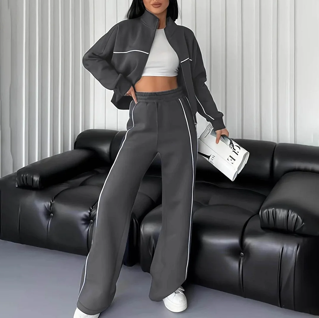 Casual Set Long Sleeve Half High Neck Cardigan Sweatshirt Lace Up Striped Pants