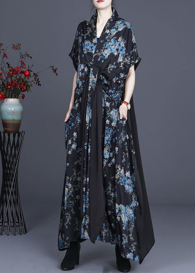 Simple Blue Floral Patchwork V Neck Long Dress Summer