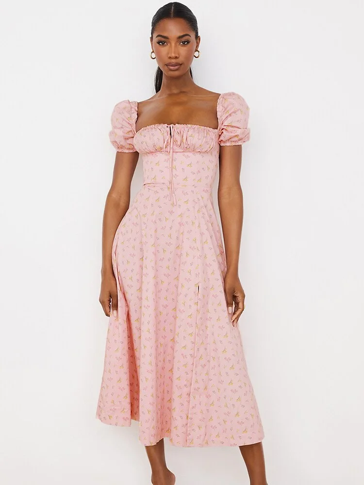 Jacqueline 2022 Puff Sleeve Midi Floral Dress Women Retro Elegant Sexy Split Sundress Casual Ruched Drawstring Dresses Summer