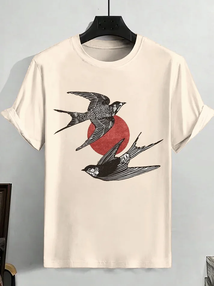 Men's Flying Swallow Japanese Art Print Cotton Casual T-Shirt