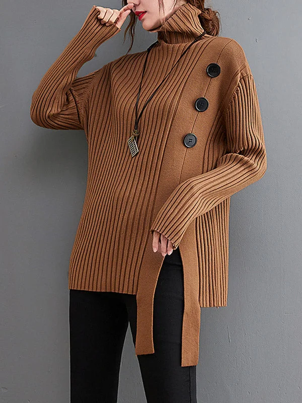 Urban Buttoned Split-Side Asymmetric Split-Joint High-Neck Sweater