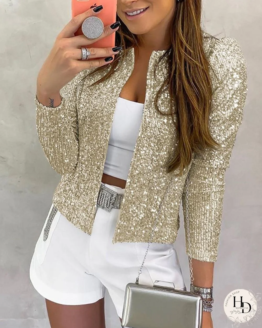 Long Sleeve Open Front Sequin Coat