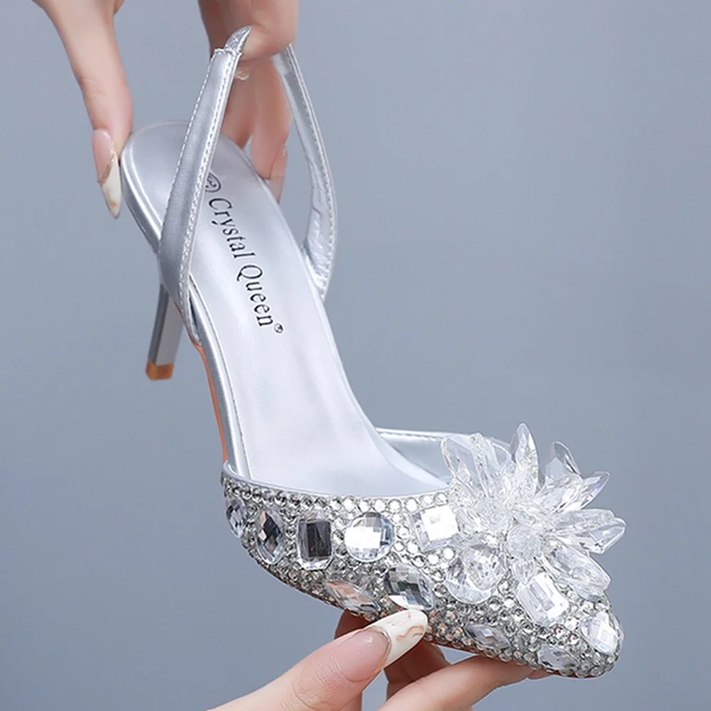 Breakj Breakj Cm Silver Light-Mouthed Pointed Sandals Water Drill Glass Fine Heel Sandals Large Wedding Shoes Bride Wedding Women's Shoes