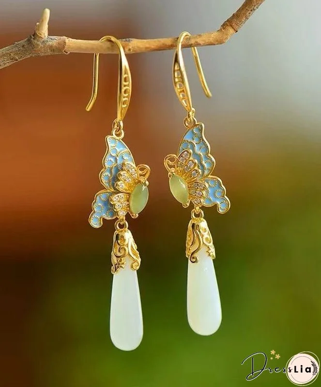 Retro Gold Sterling Silver Overgild Jade Enamel Butterfly Water Drop Drop Earrings